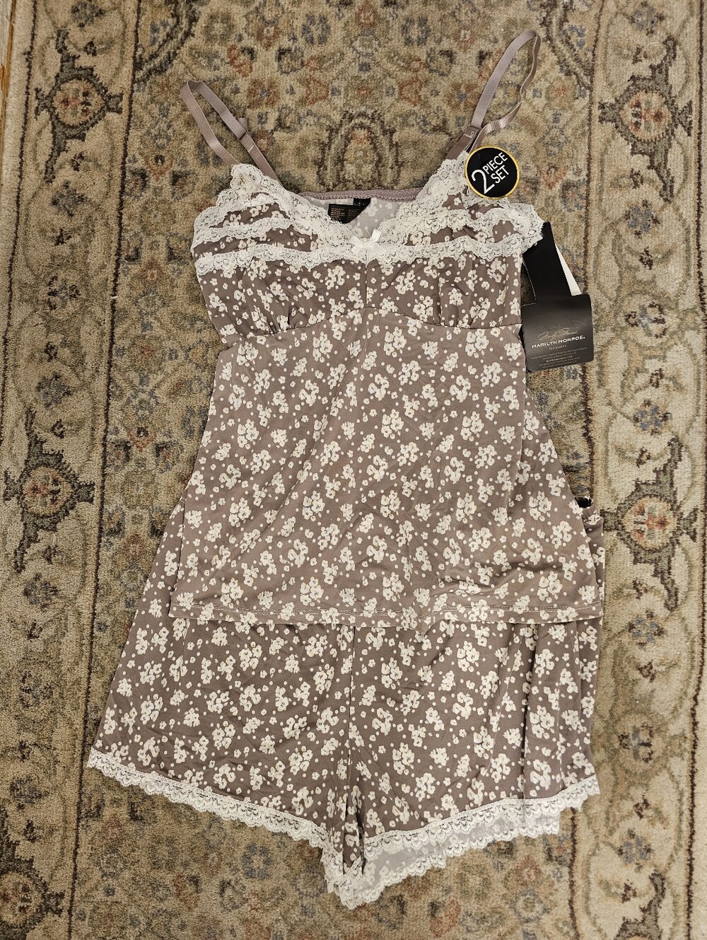 Marilyn Monroe Intimates Taupe Floral Lace Trim Cami & Short Set